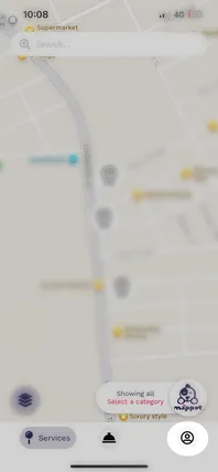 Mapa de la aplicación Mappet con el botón de Perfil resaltado en la barra inferior