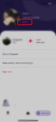 Pantalla de cuenta de Mappet con el botón Editar resaltado